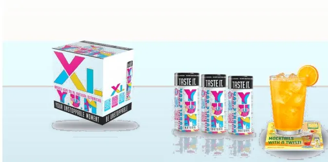 YUM XL box and 14 mL bottles next to a drink